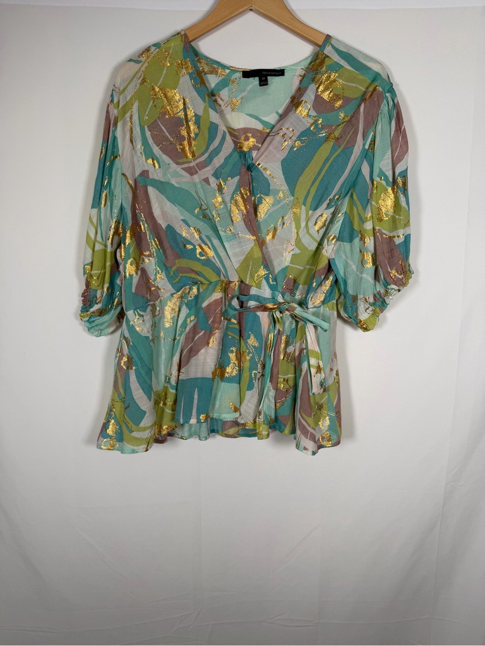 Harve Benard Teal and Olive Floral Wrap Blouse with Gold Foil - Fairy,‎ Ethereal